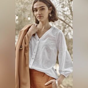 J. Jill | White Eyelet V Neck Button Front Blouse Large Boho Prairie